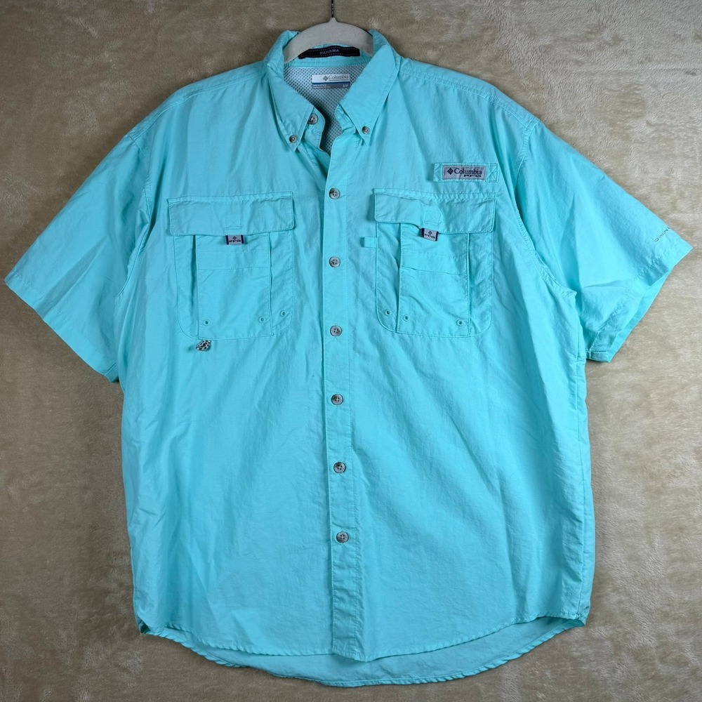 Columbia PFG Mens S Bahama II Fishing Shirt‎ Aqua Blue Short Sleeve Utility